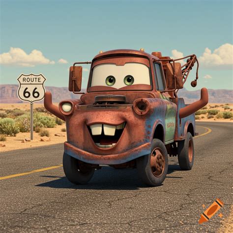 Tow Mater from Disney Pixar's Cars movie standing on Route 66 in the ...