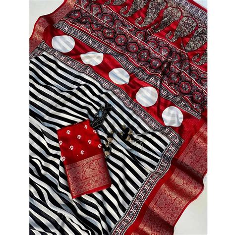 ELEGANT RED AND WHITE AJRAKH PALLU WITH BEAUTIFULL WEVING BORDER SAREE ...