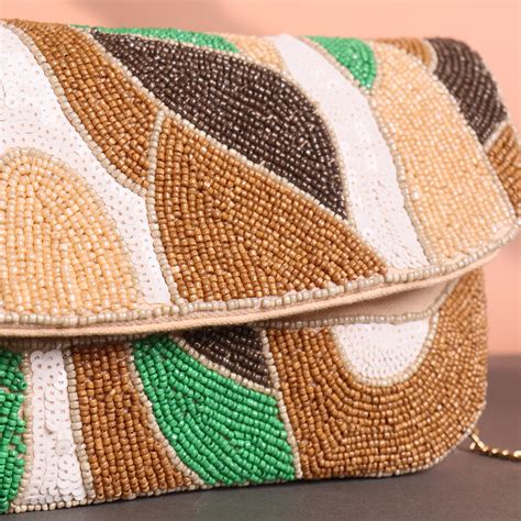 Earth Rhythm Abstract Beaded Clutch with Gold Chain Strap | Green ...