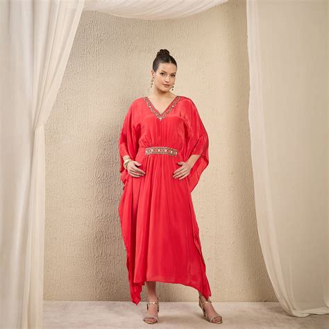 Red Hand Embroidered Mid Length Kaftan – First Resort by Ramola Bachchan