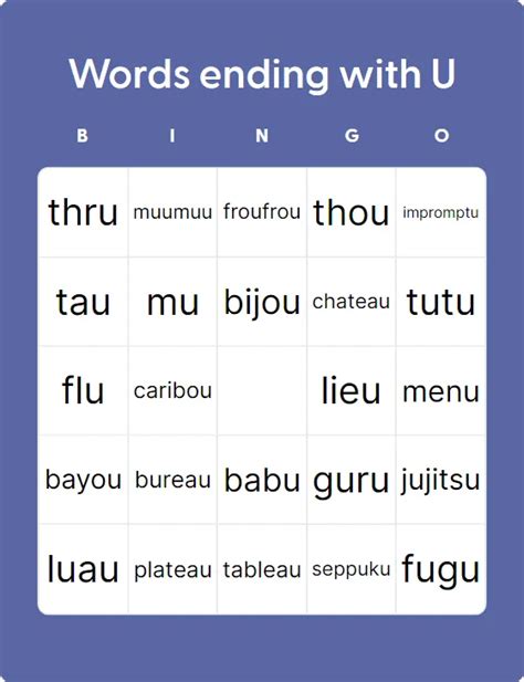 Words Ending With U - Bingo Card Creator
