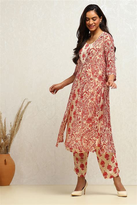 Buy Cream-coloured Georgette Printed Fusion Kurta Set Online at Biba India