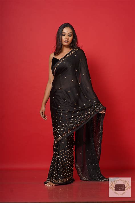 Black Crepe Silk Badan Pe Sitare Saree - kreationbykj