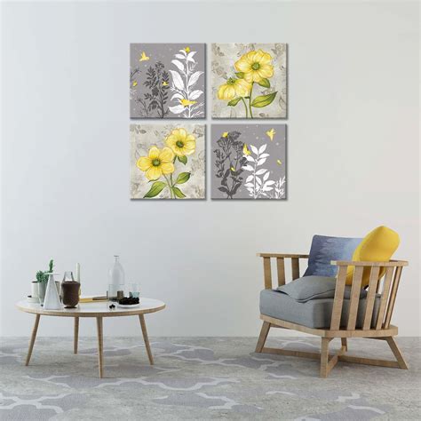 Buy Yellow Flower Wall Art,4 Piece Floral and Bird Yellow and Grey ...
