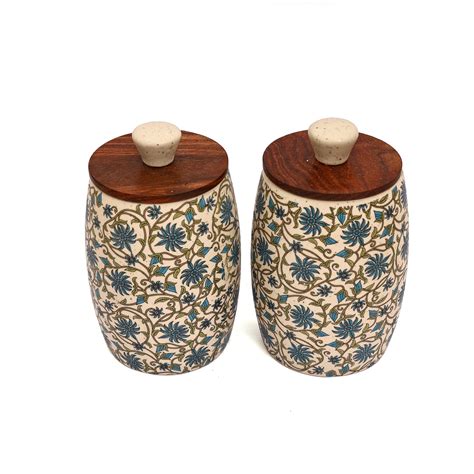 Decal Ceramic air-tight jar set with blue flower pattern (Set of 2 ...