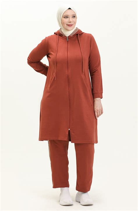 Plus Size Mesh Detailed Tracksuit Set 12010-05 Brick Red 12010-05 ...