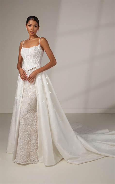 Lace Column Wedding Dress with Florals and Detachable Overskirt