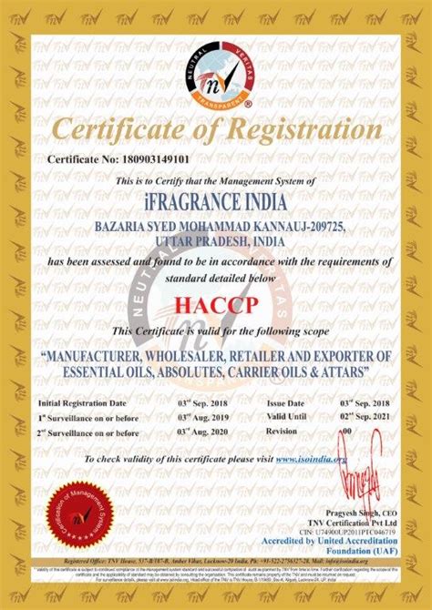 Haccp Certificate Essential Oil Company India & UK - IFragranceIndia