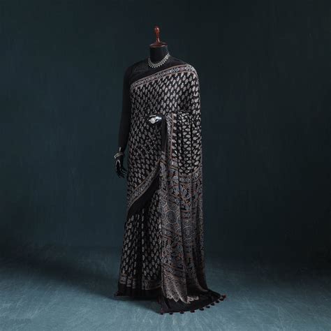 Black Natural Dyed Modal Silk Kutch Hand Block Print Ajrakh Saree