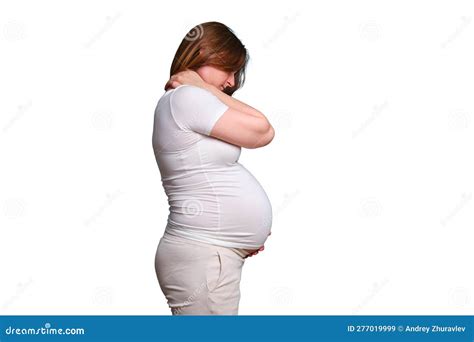 Portrait of a Pregnant Woman with Neck Pain, White Background Stock ...