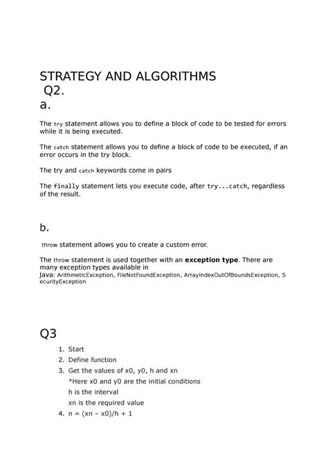 Strategy AND Algorithms - STRATEGY AND ALGORITHMS Q2. a. The try ...