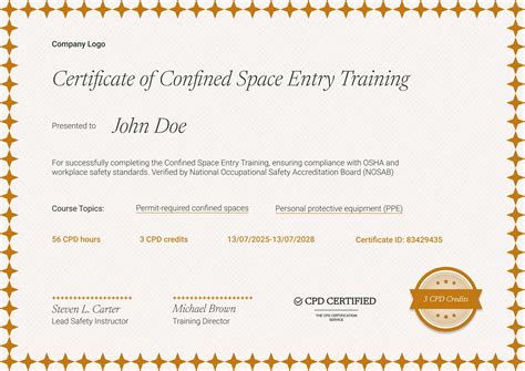 Bordered and professional confined space training certificate template