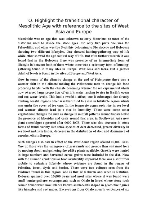 Mesolithic Answer - Q. Highlight the transitional character of ...