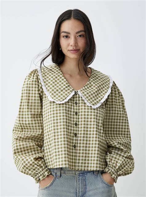 Motel - Peter Pan collar green gingham shirt (Women, Green) | Peter pan ...