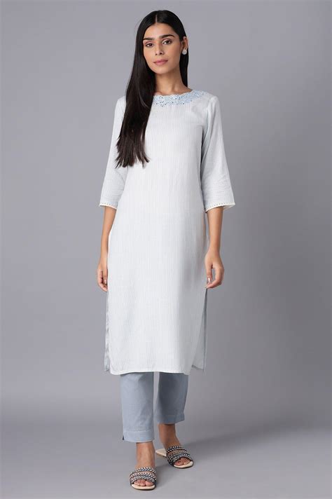 Buy Ecru and Light Blue Stripe Print kurta @ 1999 | W for woman – wforwoman
