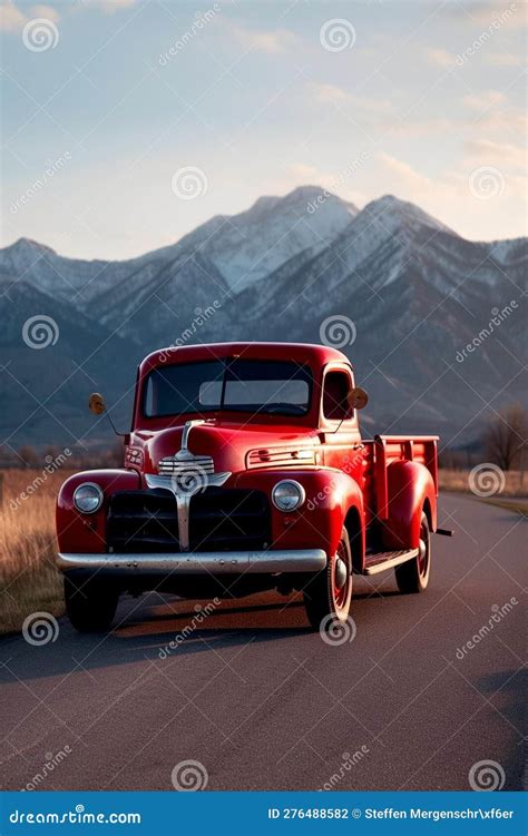 Vintage Red Pickup Truck in Yosemite Mountains Stock Illustration - Illustration of ...