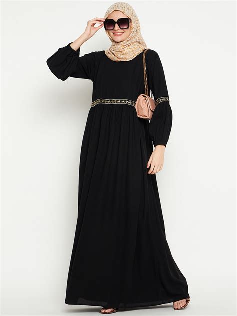 Nabia Women Embroidery Black Abaya/Burqa With Black Georgette Scarf