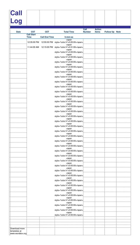 Image result for 7 Column Call Log