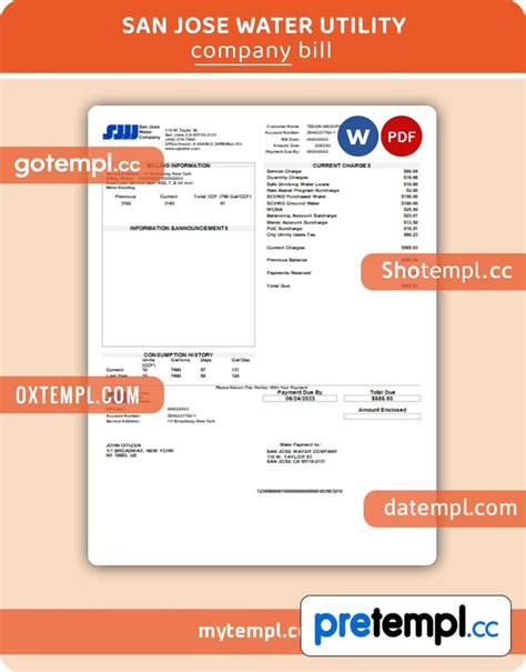 San Jose Water business utility bill, PDF and WORD template - Pretempl