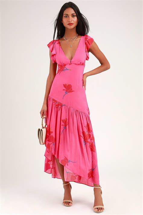 She's a Waterfall Hot Pink Floral Print Ruffled Maxi Dress | Hot pink ...