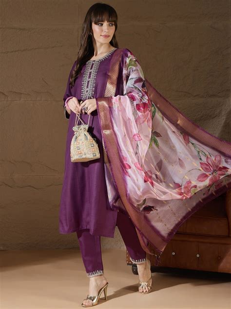 Nitya Purple Women Kurta and Trousers Pant Sets Cotton Blend ...