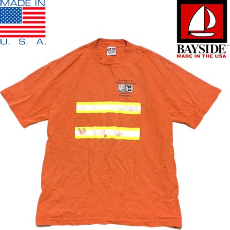 1点物 USA製Bay SideオレンジSAFETYセーフティーTシャツ古着メンズXLレディースOKアメカジ90sストリートスポーツUS ...