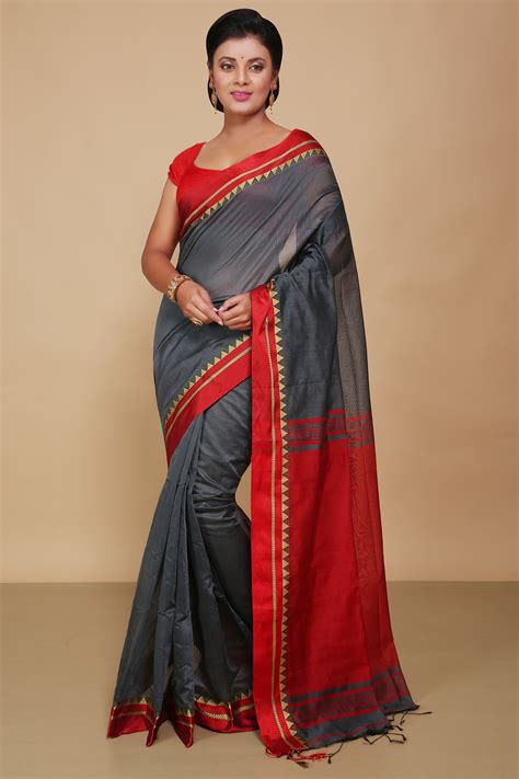 Terchi border handloom saree (Grey) – BENGAL HANDLOOM