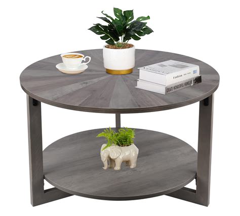 Round Coffee Table with Storage, Mid Century Modern Solid Wood Coffee ...