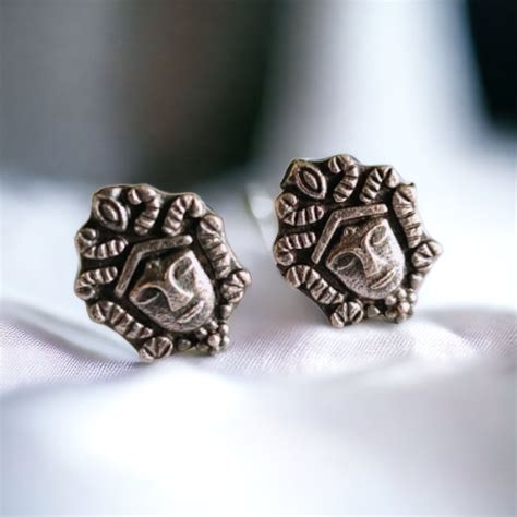 Goddess Oxidised Silver Stud Earrings, Maa Durga Face Traditional Navr ...