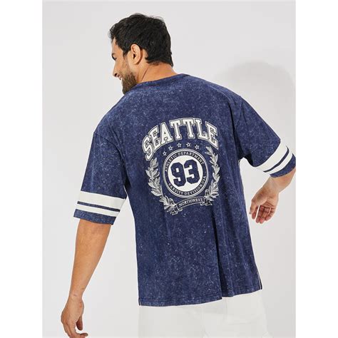 Buy Styli Navy Blue Premium Heavy Jersey Acid Wash Print Oversized T ...