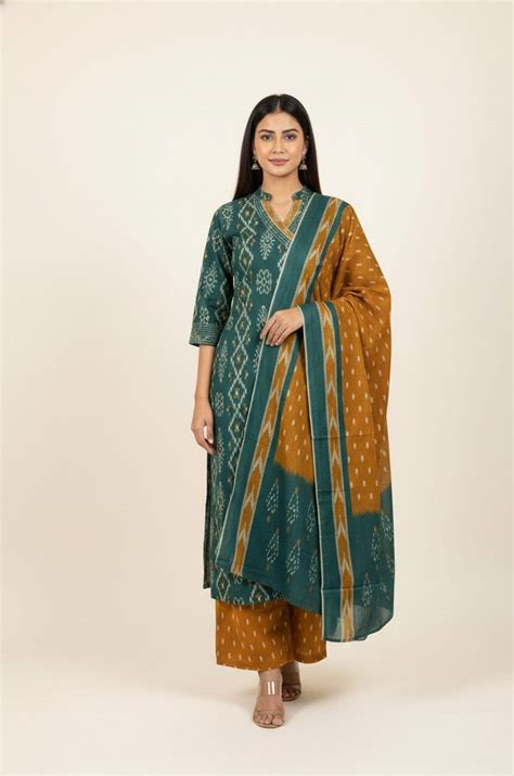 Three Piece Pure Cotton Angrakha Style Dupatta Set - Aanchal Jaipur ...