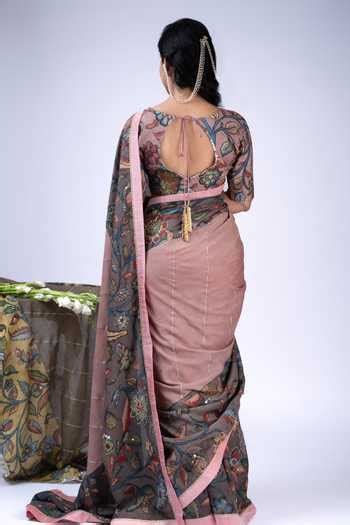 Buy Pink Silk Sequins, Kalamkari Hand Painted Saree With Unstitched ...
