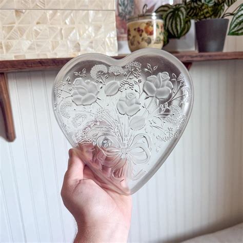 vintage Mikasa heart-shaped glass dish with a rose... | Depop