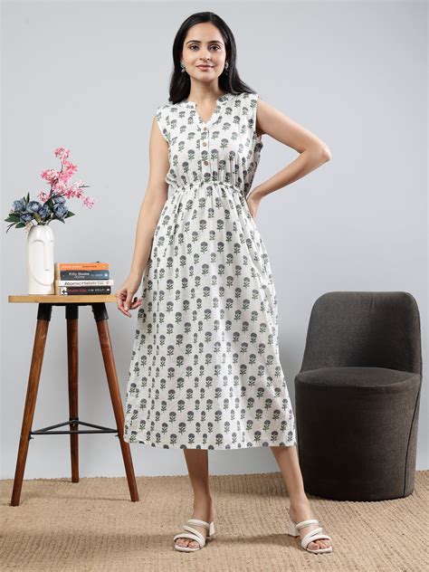 Sleeveless Off-White Printed Cotton Dress with Buttoned Neckline Detai ...