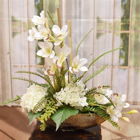 White Orchid and Hydrangea Silk Floral Arrangement in Gold Bowl - Etsy ...