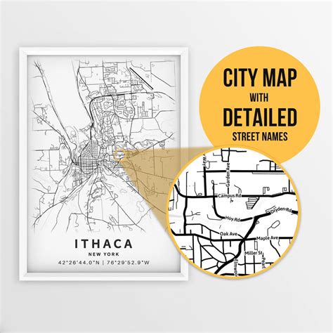 Druckbare Karte von Ithaca, New York, USA mit Straßennamen - Sofortiger ...