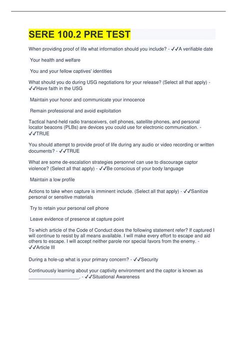 SERE 100.2 PRE TEST | 49 Questions with 100% Correct Answers - SERE 100 ...