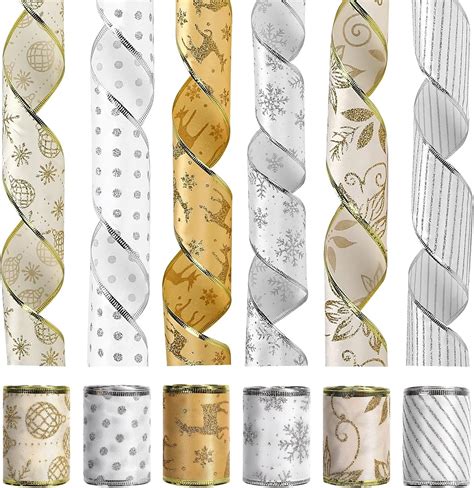 Buy FairyLee Christmas Ribbon Wired, Assorted Organza Glitter Gold ...