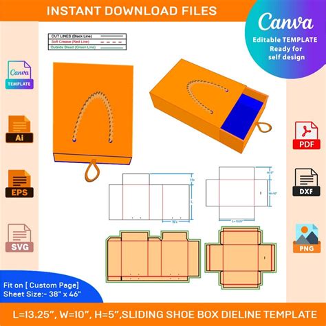 Sliding Shoe Box Large size- 13.25 X 10 X 5 Inch dieline template ...