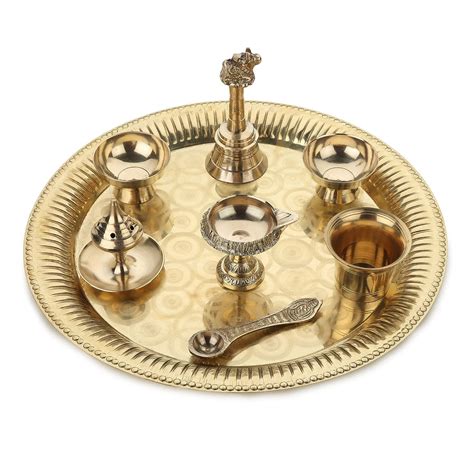 DOKCHAN Traditional Handcrafted Brass Puja 10 Inch Flate Thali Aarti ...