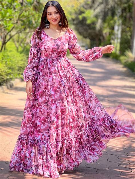 Ploy Georgette Wine Colour Floral Print Flare Dress