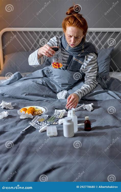 Young Caucasian Sick Woman Takes Medicine after Waking Up Stock Photo ...