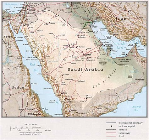 Detailed relief and road map of Saudi Arabia. Saudi Arabia detailed relief and road map ...