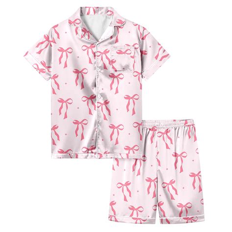 Girls Silk Pajamas Size 7-8 Bow Print Casual Short Sleeve Shirt Tops ...
