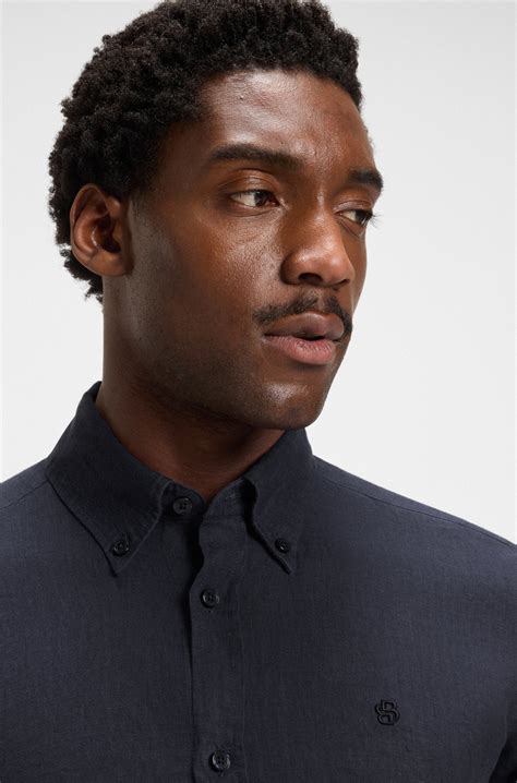 BOSS - Slim-fit shirt in linen - Dark Blue