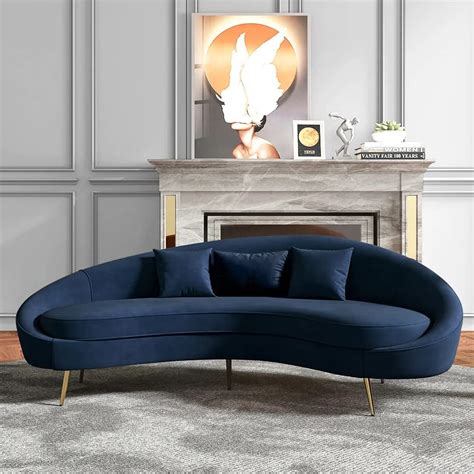 Vandana Interiors Modern 83" Blue Velvet Curved Sofa 3 Seater Sofa Gold ...