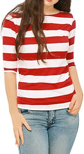 Buy Allegra K Women's Elbow Sleeves Boat Neck Slim Fit Striped Tee Red ...