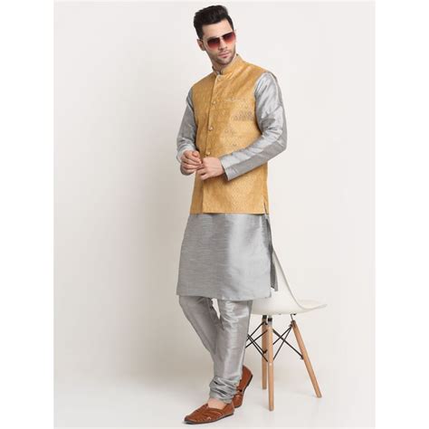 Buy Kraft India Men Silk Blend Kurta & Churidar with Jacquard Nehru ...