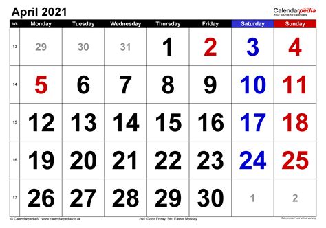 Calendar April 2021 UK with PDF, Excel and Word templates