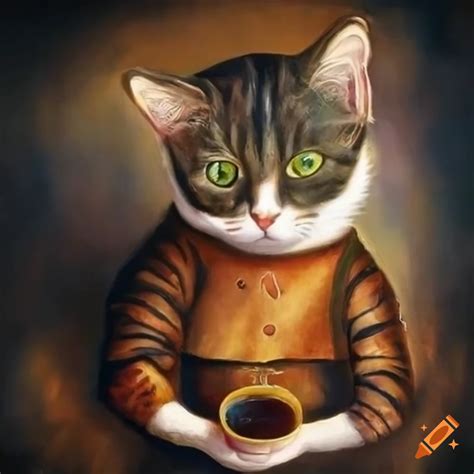 Surreal painting of a cat drinking coffee in fancy clothes on Craiyon